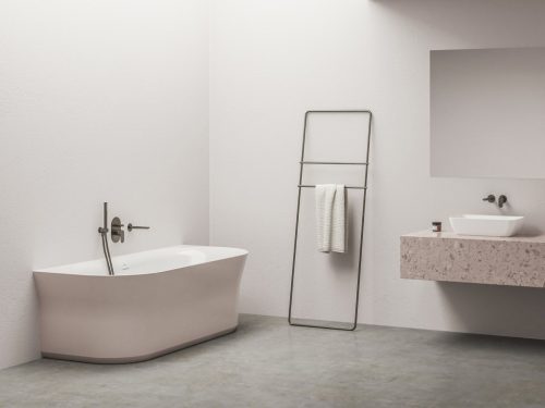 Ypsilon Wall 178x86, akrilkád, Alabaster Pink/fehér, szabadonálló, fehér/fekete/króm lefolyó